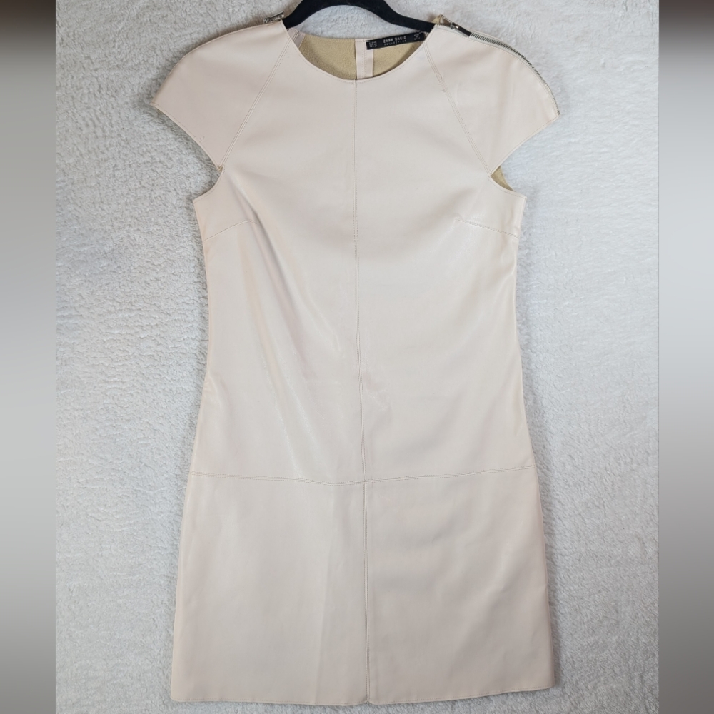 68-Zara Elegant Faux Leather Cream Women's‎ Dress